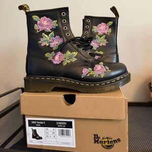 Dr. Martens Black Leather 1460 Vonda II Boots with Pink Floral Embroidery